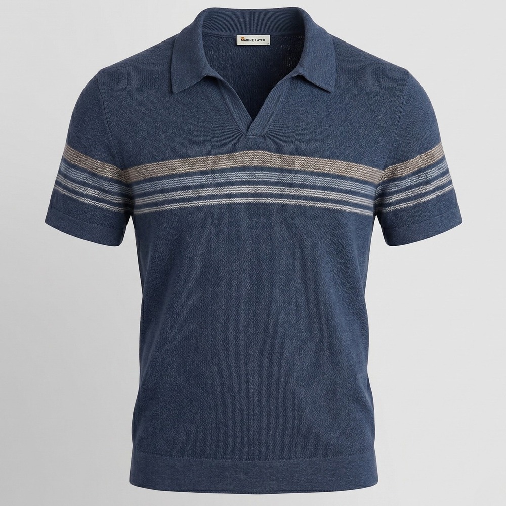 Marine Layer Mens Large Navy Knit Polo Shirt Striped Cotton Merino Wool